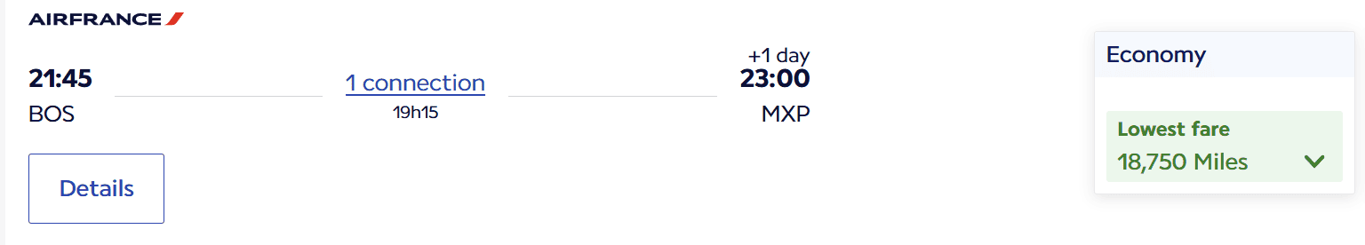 Air France Flying Blue award flight from Boston to Milan Malpensa available for 18,750 miles one-way in economy
