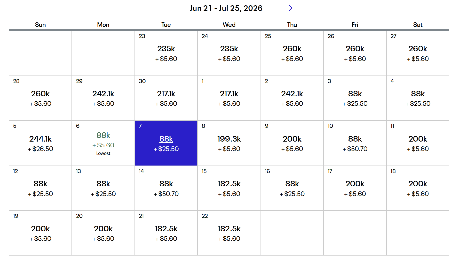 United MileagePlus award search calendar showing monthly flight availability and the cheapest award fares