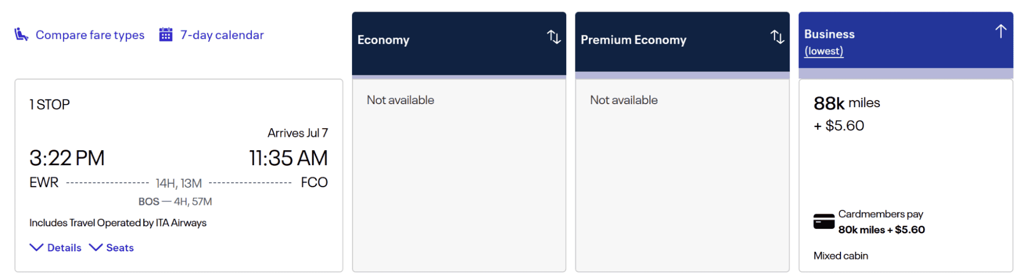 United MileagePlus award search showing an ITA Airways itinerary from Newark (EWR) to Rome (FCO) via Boston (BOS) for 88,000 miles in business class, or 80,000 miles for eligible United co-branded cardholders.