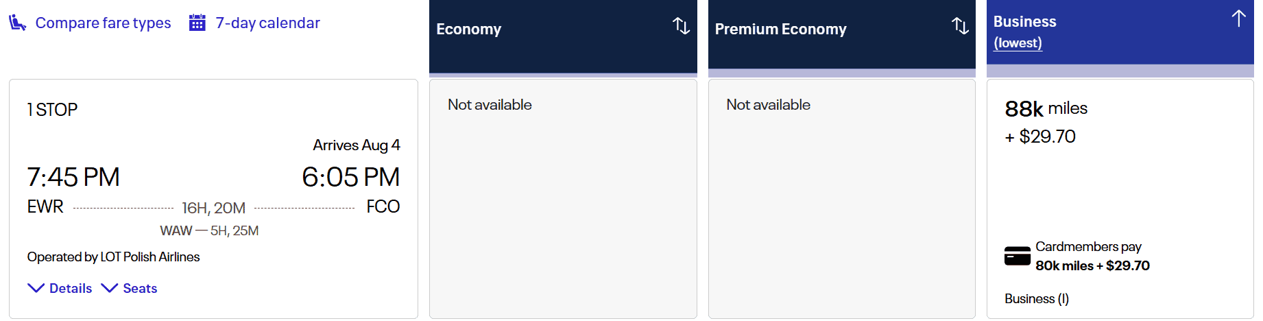 United MileagePlus award search showing a LOT Polish Airlines flight from Newark (EWR) to Rome (FCO) via Warsaw (WAW) for 88,000 miles in business class, or 80,000 miles for eligible United co-branded cardholders.