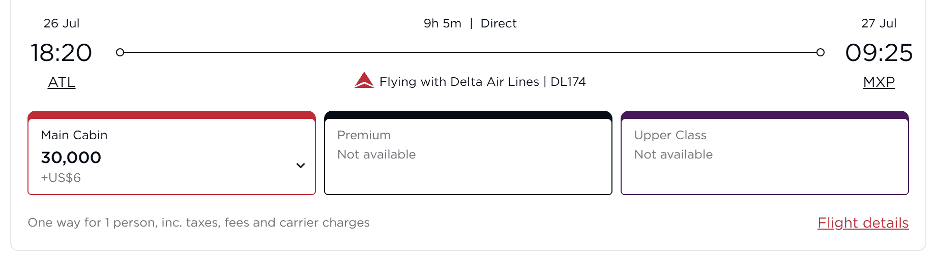 Virgin Atlantic award search showing a Delta Air Lines flight from Atlanta (ATL) to Milan-Malpensa (MXP) for 30,000 points in main cabin economy each way.