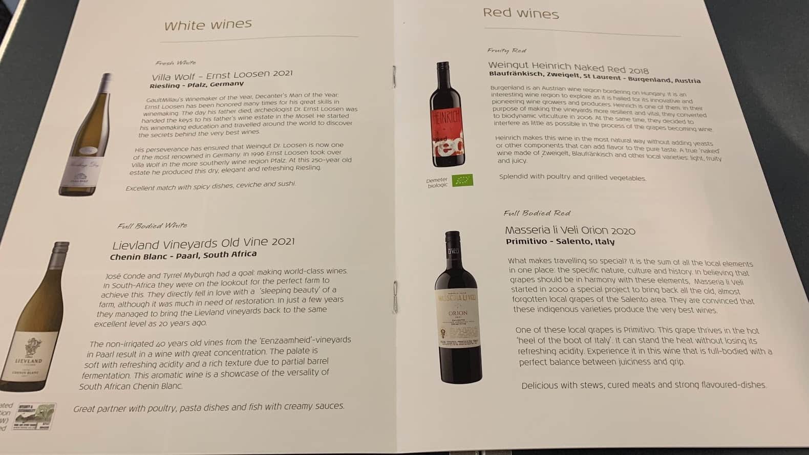 KLM Business Class Wine Selection