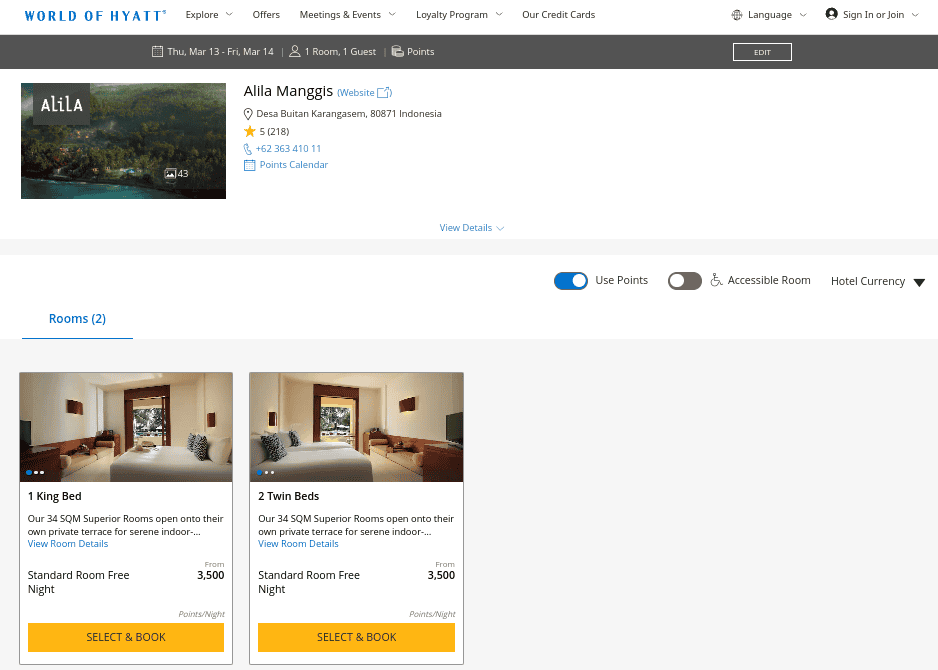 World of Hyatt rewards search