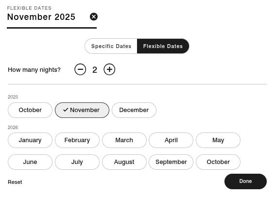 Flexible dates calendar showing November 2025 selected with two-night stay in flight search tool