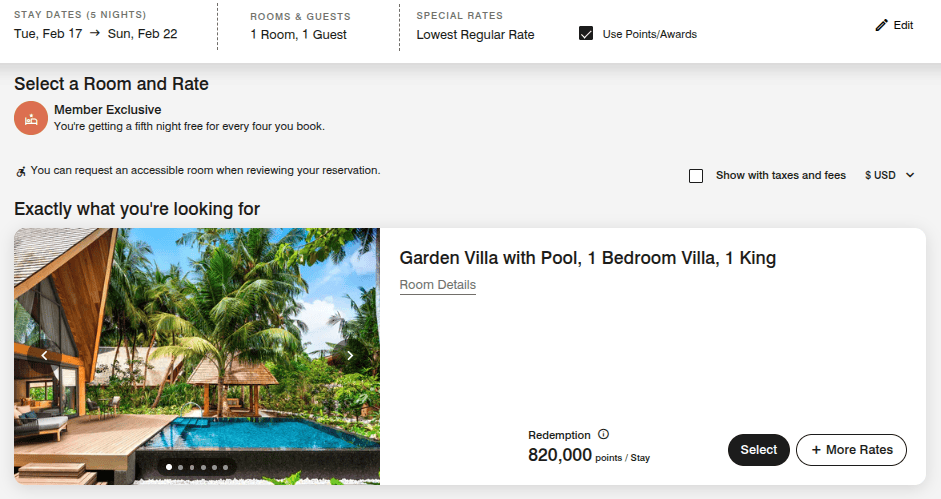 Garden villa with private pool and king bedroom shown in hotel points redemption booking
