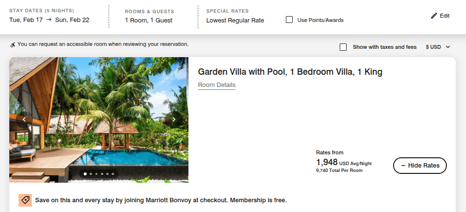 Garden villa with private pool and king bedroom displayed on Marriott hotel booking rate page