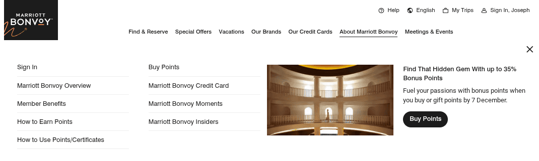 Marriott Bonvoy website menu highlighting buy points promotion with up to 35 percent bonus points offer