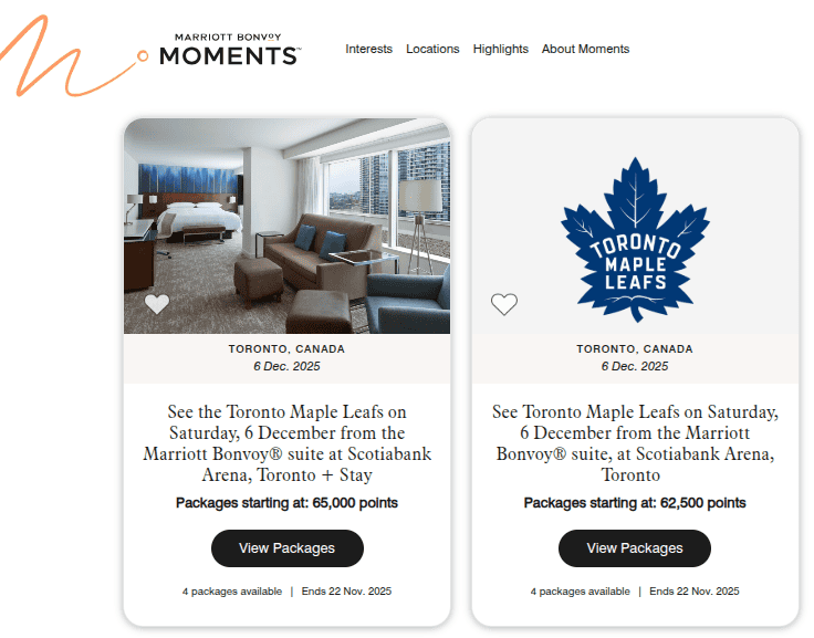 Marriott Bonvoy Moments packages offering Toronto Maple Leafs game experience at Scotiabank Arena with hotel stay and points pricing