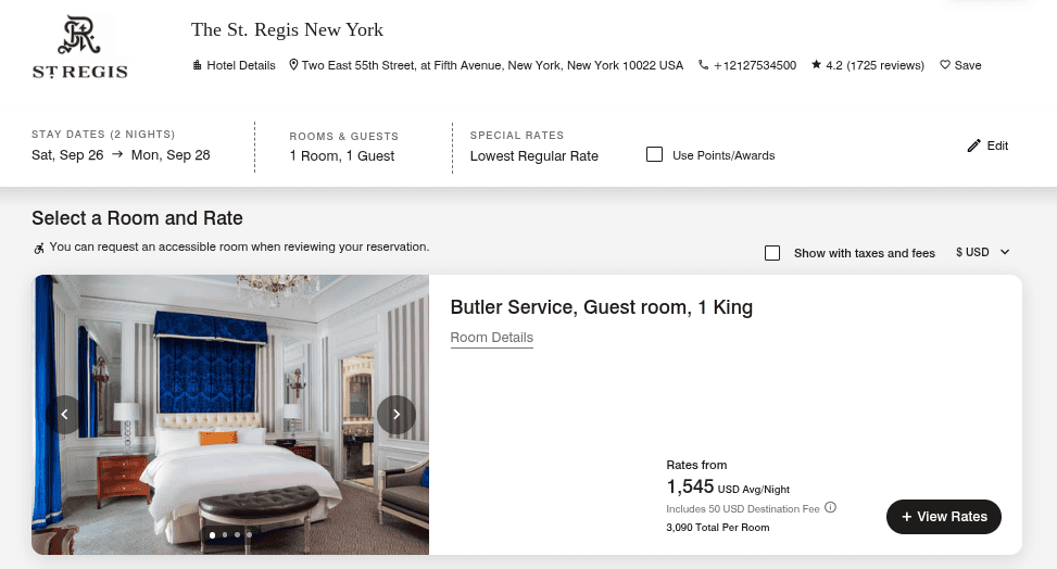 St. Regis New York booking page showing Butler Service guest room with king bed priced at 1,545 USD per night
