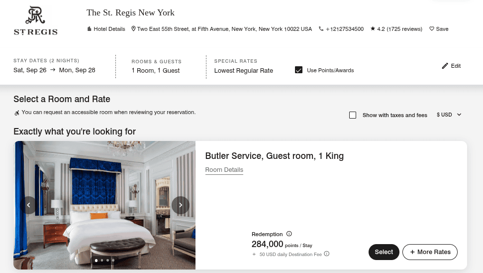 St. Regis New York booking page showing Butler Service guest room with king bed available for 284,000 points per stay