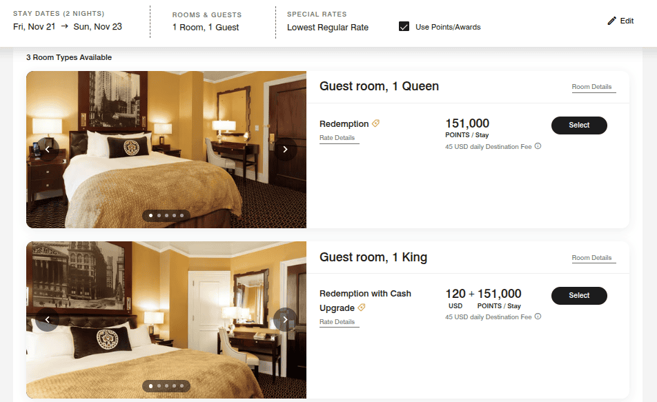 St. Regis New York booking page showing Guest Room with one queen bed available for 151,000 Marriott Bonvoy points per stay