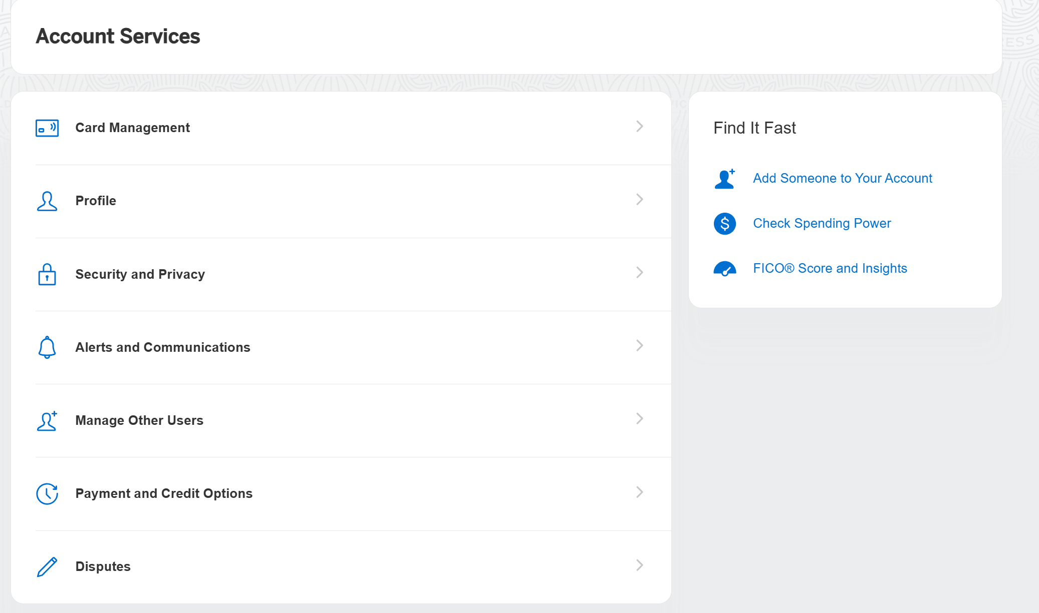 A user dashboard for Travis Cormier shows account options such as editing billing address, mobile number, checking spending power, adding someone to the account, managing bank accounts, viewing FICO score, replacing a card, tracking miles and points, and changing password.