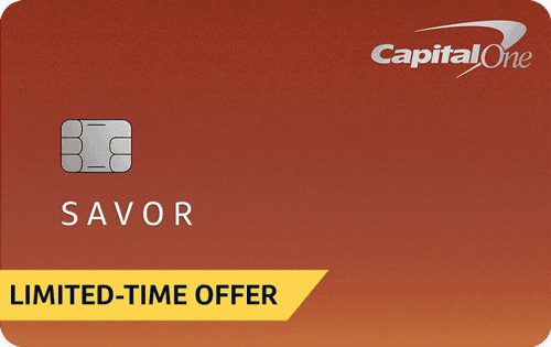 A Capital One Savor credit card with a copper-orange background offers points for travel. It features a chip on the left, the Capital One logo in the top right corner, and “SAVOR” in white text near the center.