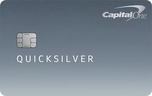 A Capital One Quicksilver credit card with a gradient gray background, featuring the Capital One logo in the top right and the card’s chip and QUICKSILVER text in the center—perfect for earning points or miles on your purchases.