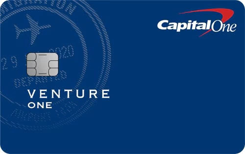 A blue Capital One Venture credit card featuring a chip, the Capital One logo in the top right corner, a faint passport stamp design in the background, and ideal for earning miles on your travel adventures.