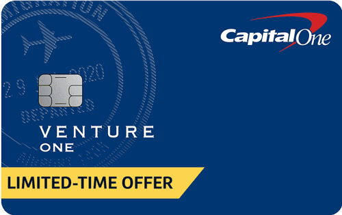 A blue Capital One Venture credit card featuring a chip, the Capital One logo in the top right corner, a faint passport stamp design in the background, and ideal for earning miles on your travel adventures.