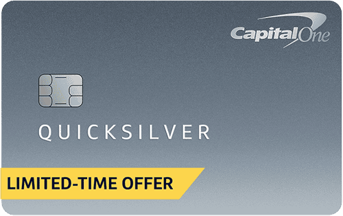 A Capital One Quicksilver credit card with a gradient gray background, featuring the Capital One logo in the top right and the card’s chip and QUICKSILVER text in the center—perfect for earning points or miles on your purchases.