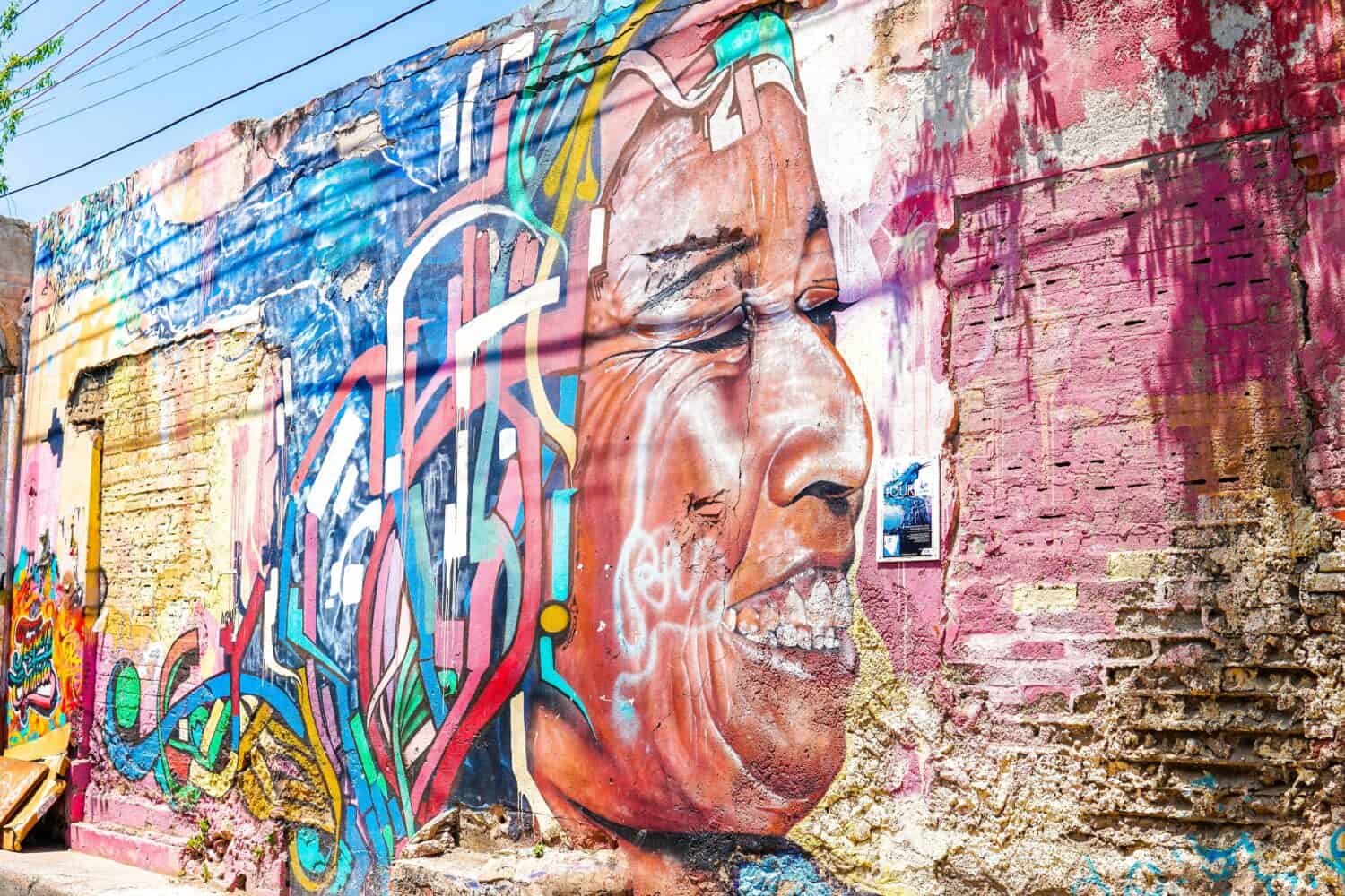 A vibrant mural on a weathered wall depicts a smiling persons face surrounded by colorful, abstract shapes and lines. The brick wall shows signs of age, with peeling paint and a rough texture.