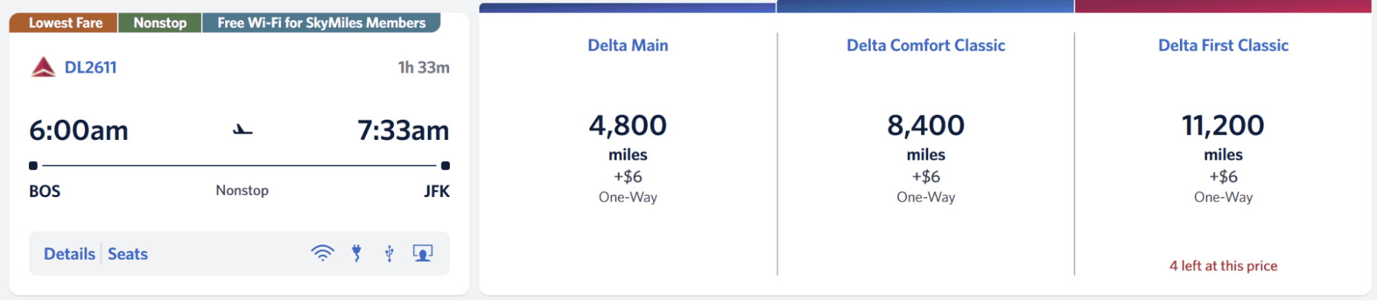 Delta Air Lines award flight from Boston to JFK showing 4,800 miles fare.