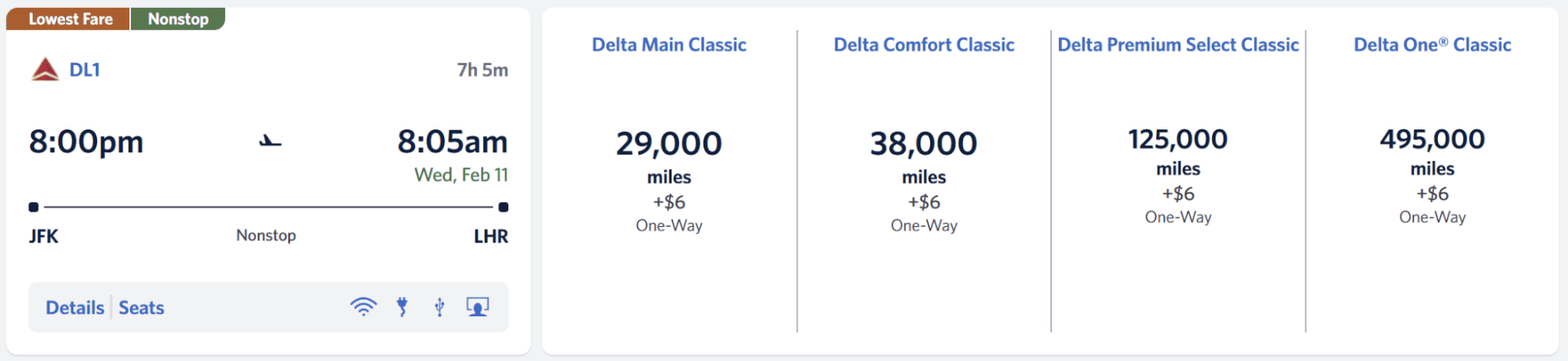 Delta award chart displaying 29,000-mile fare from JFK to London.