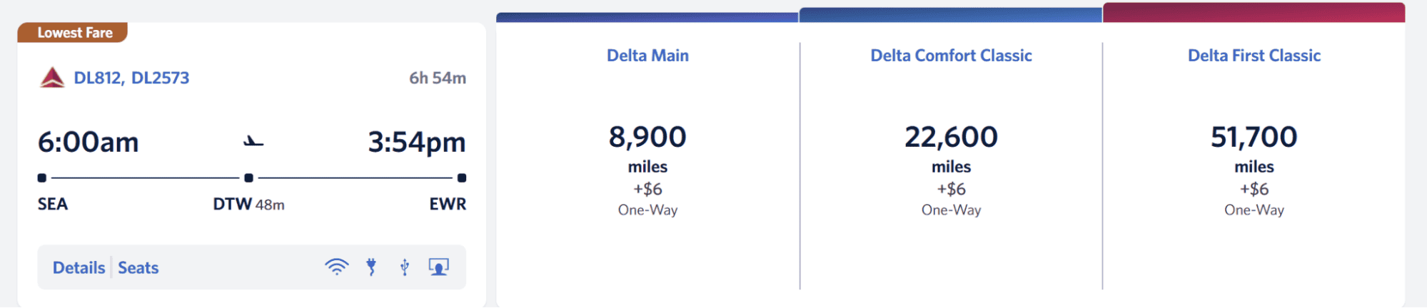 Delta Main 8,900-mile award fare from Seattle to Newark with connection.