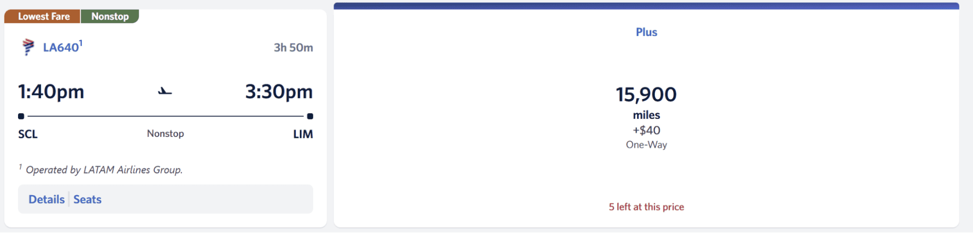 LATAM Airlines award pricing showing 15,900-mile fare from Santiago to Lima.