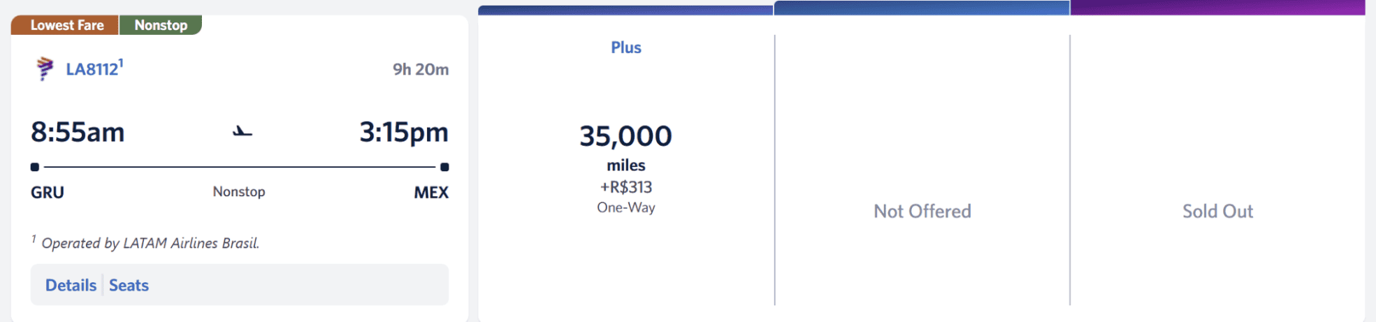 LATAM Airlines Plus award showing 35,000 miles from São Paulo to Mexico City.