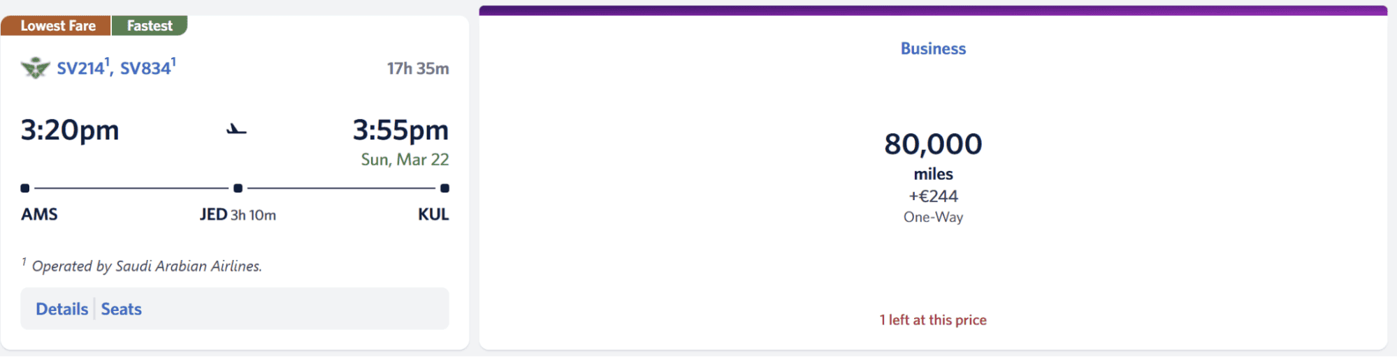 Saudia business-class award pricing from Amsterdam to Kuala Lumpur for 80,000 miles.