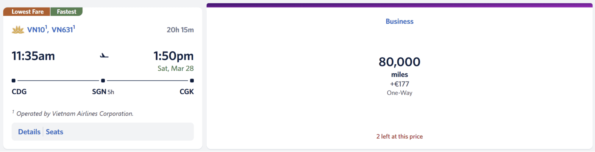 Vietnam Airlines business-class award from Paris to Jakarta for 80,000 miles.