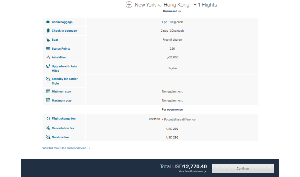 Cathay Pacific Business Flex fare details showing baggage allowance, Asia Miles, flight change and cancellation fees, and a total fare of $12,770.40.