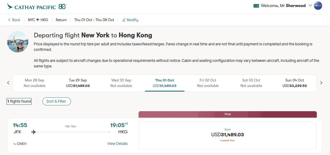 Cathay Pacific flight search showing a New York to Hong Kong First Class fare of $31,489.03.