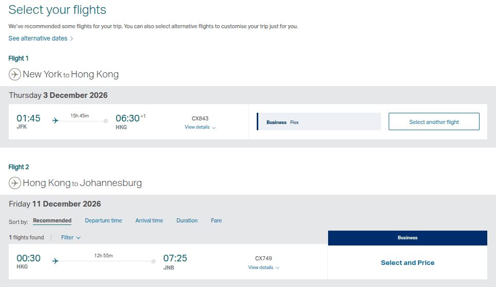 Cathay Pacific itinerary showing Business Class flights from New York to Hong Kong and Hong Kong to Johannesburg.