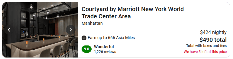 Courtyard by Marriott New York World Trade Center Area hotel room rate of $424 per night and $490 total, with a 9.0 guest rating.