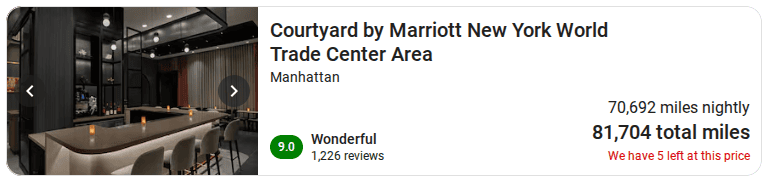 Courtyard by Marriott New York World Trade Center Area hotel award stay costing 70,692 miles per night and 81,704 total miles.