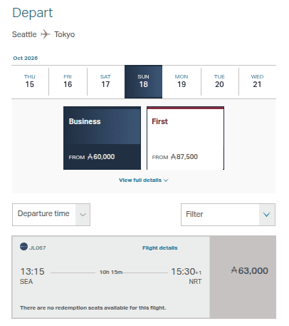 Seattle to Tokyo award flight search showing Business Class from 60,000 miles and First Class from 87,500 miles.