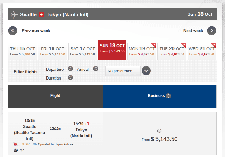 Japan Airlines Business Class flight from Seattle to Tokyo Narita priced at $5,143.50.