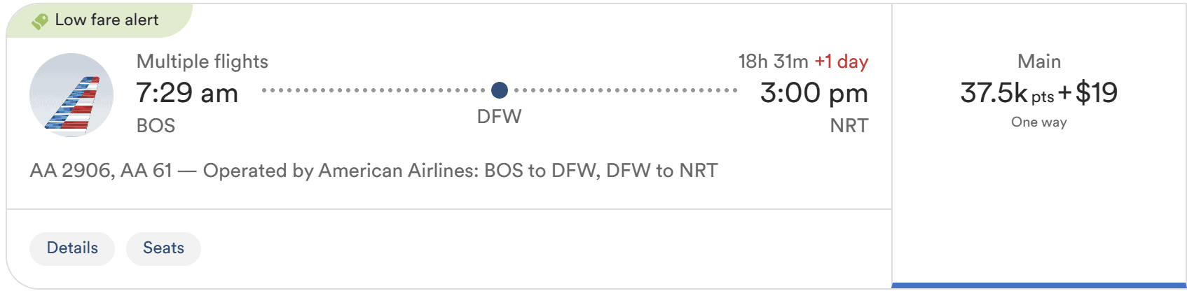 American Airlines award flight from Boston to Tokyo Narita via Dallas showing 37,500 points in economy with itinerary details