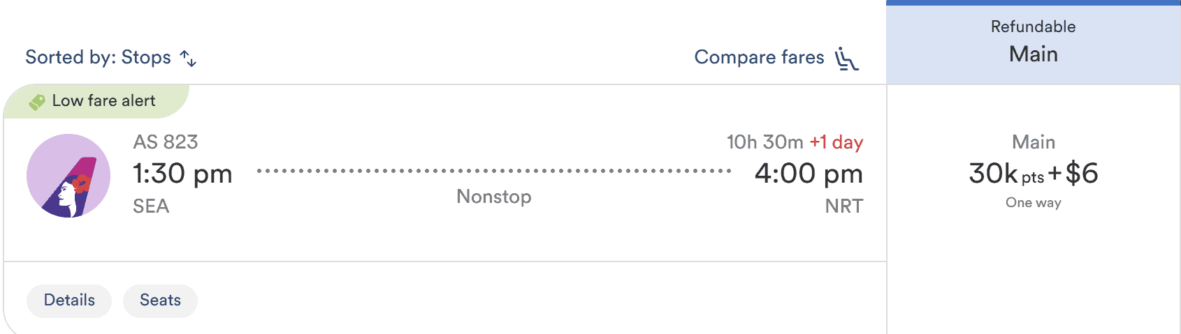 Hawaiian Airlines award flight from Seattle to Tokyo Narita showing 30,000 points in economy with nonstop itinerary details