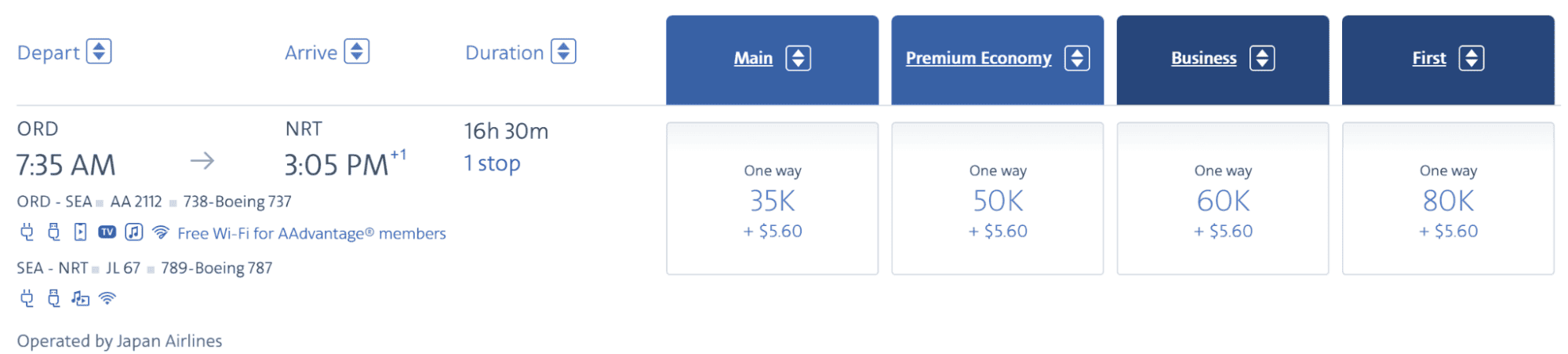 Japan Airlines business class award flight from Chicago to Tokyo Narita via Seattle costing 60,000 miles one way