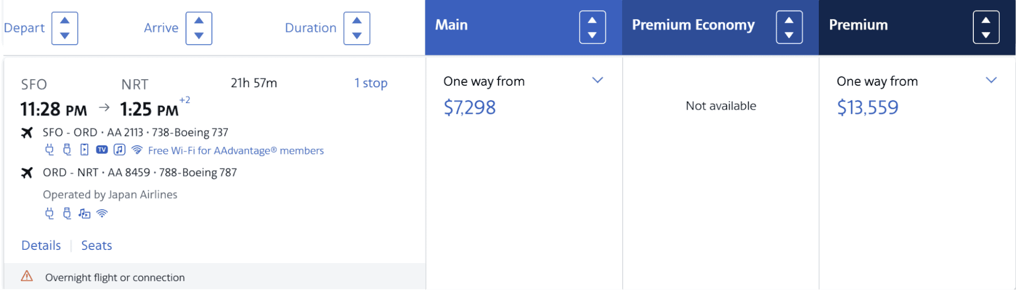 Cash price of Japan Airlines first class flight from San Francisco to Tokyo Narita showing 13,559 dollars highlighting high value per mile redemption