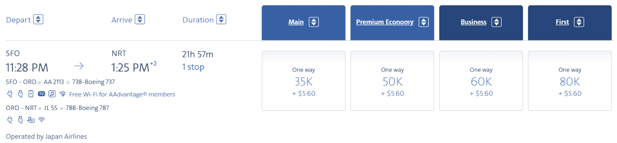 Japan Airlines first class award flight from San Francisco to Tokyo Narita via Chicago costing 80,000 miles one way