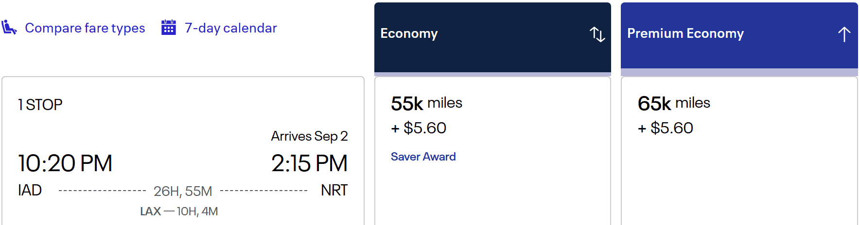 Award flight from Washington to Tokyo Narita via Los Angeles showing 55,000 miles in economy and 65,000 miles in premium economy with itinerary details