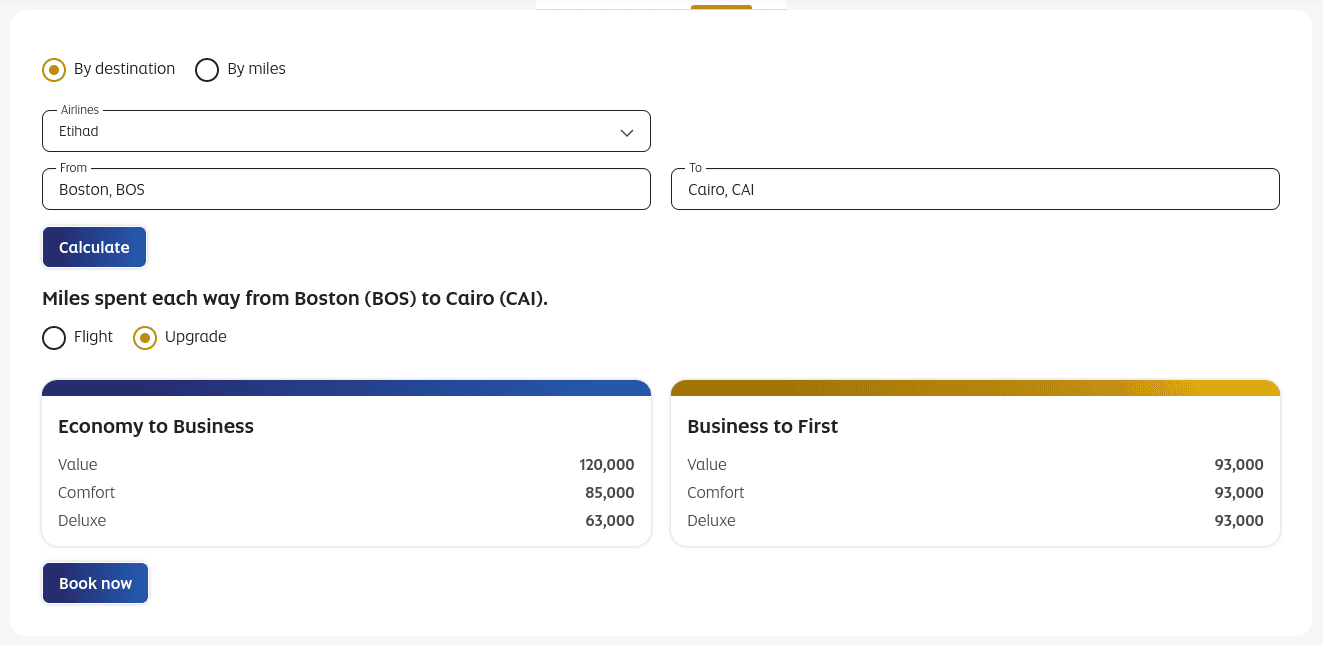 Etihad Guest Award Chart for Upgrade Awards With Etihad Airways