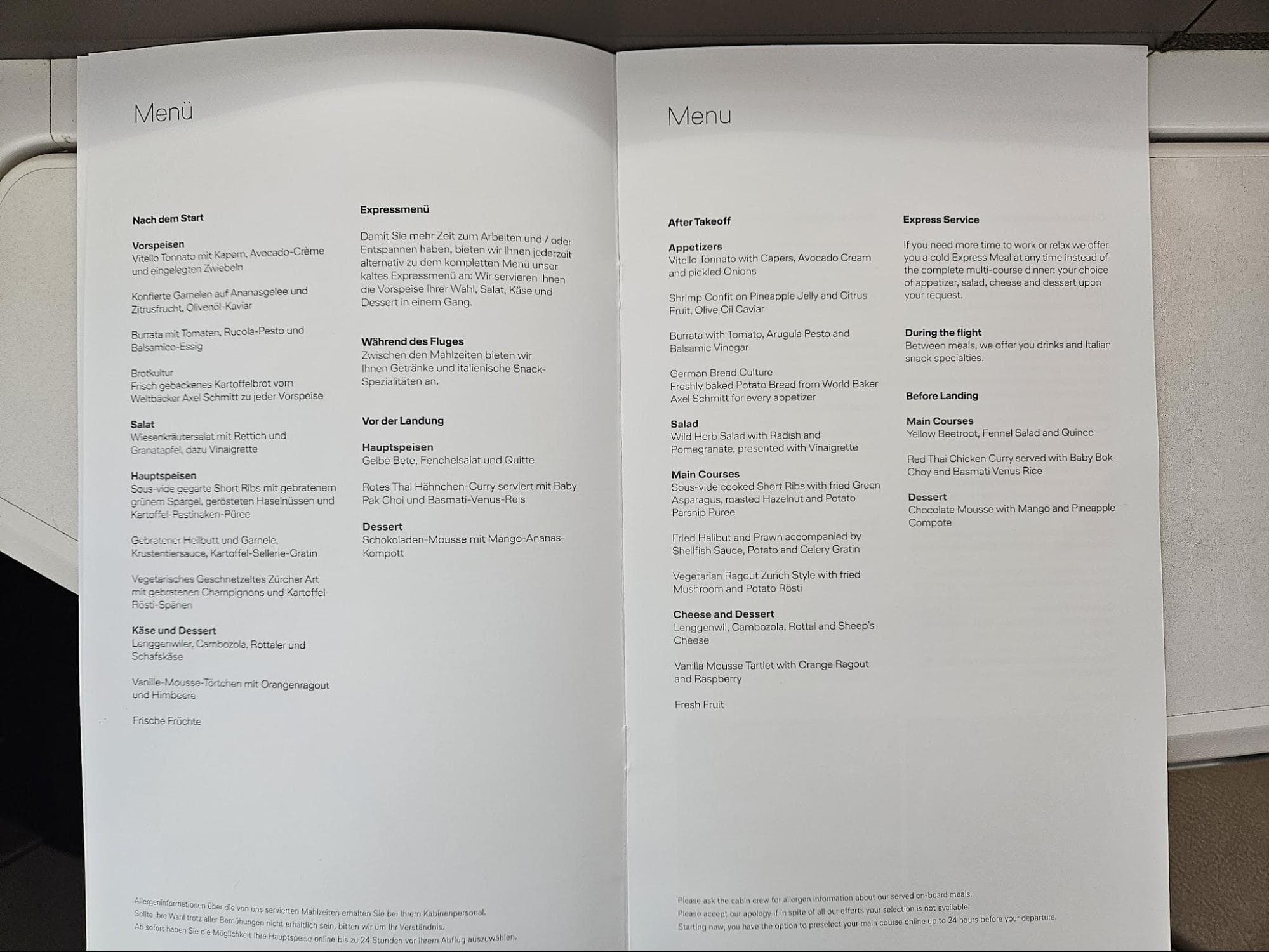 Lufthansa Business Class Menus
