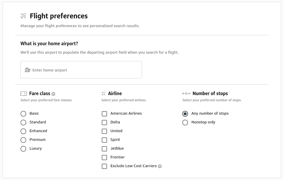 flight preferences