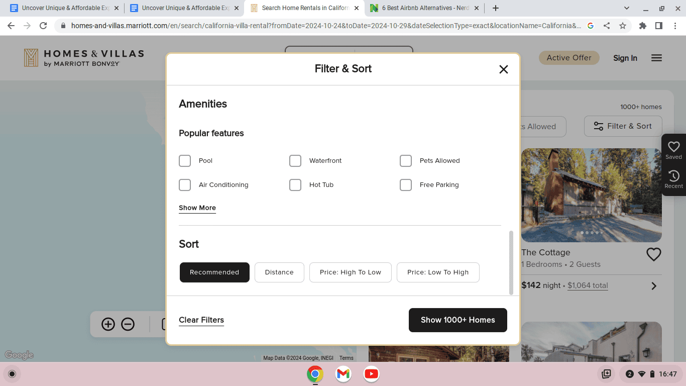 marriott home and villas filter and sort