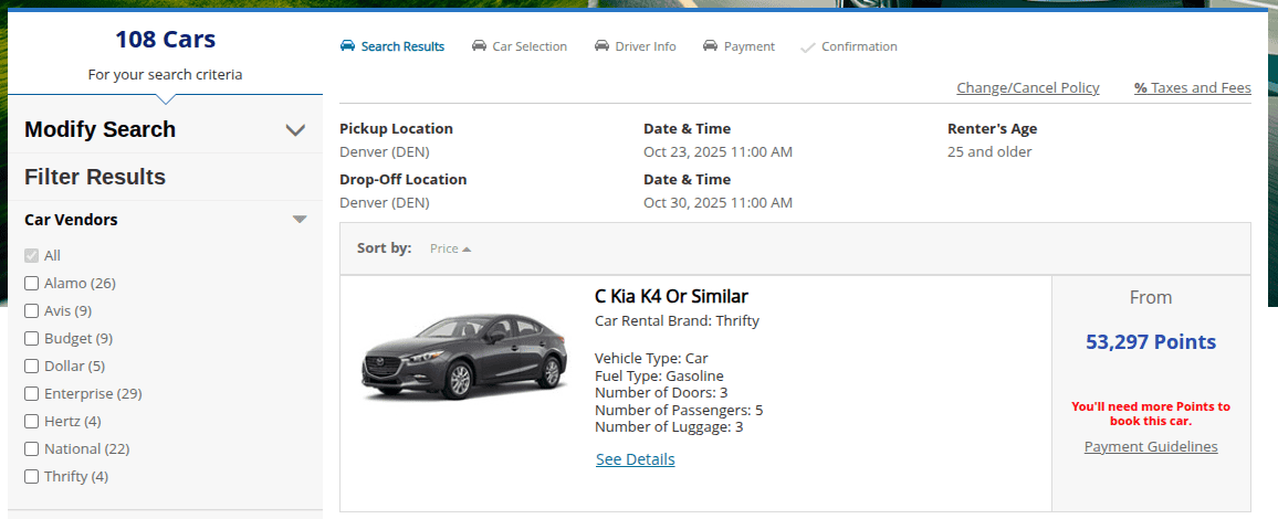 Southwest car rental search results showing a Thrifty rental at Denver International Airport for 7 days costing 53,297 Rapid Rewards points