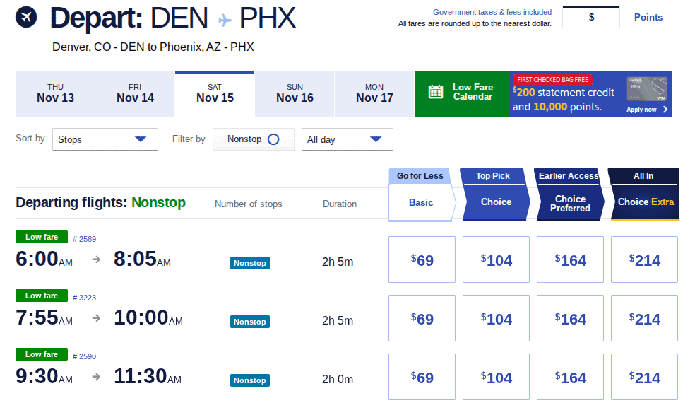 Southwest Airlines flight results page showing cash prices for flights from Denver to Phoenix across different fare types