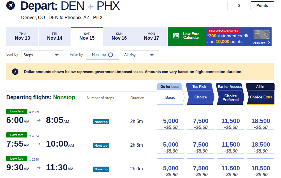 Southwest Airlines flight results page displaying multiple flights from Denver to Phoenix with prices shown in Rapid Rewards points for each fare option