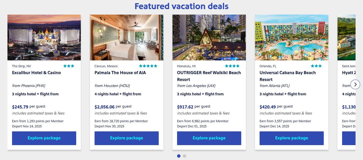 Southwest Getaways vacation packages portal showing featured deals for hotel and flight bundles where Rapid Rewards members can earn points